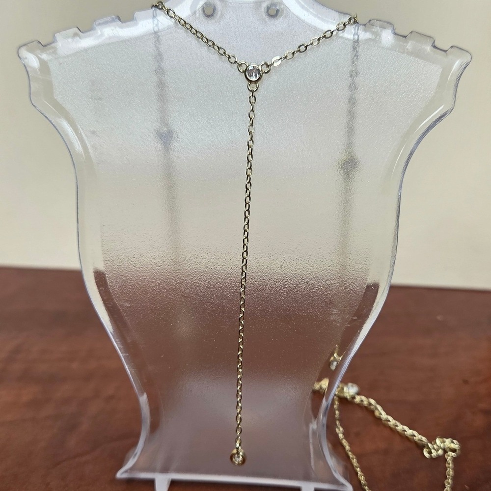 Gold Tone Cubic Zirconia Bezel Set Lariat Y-Drop Necklace Adjustable Chain
